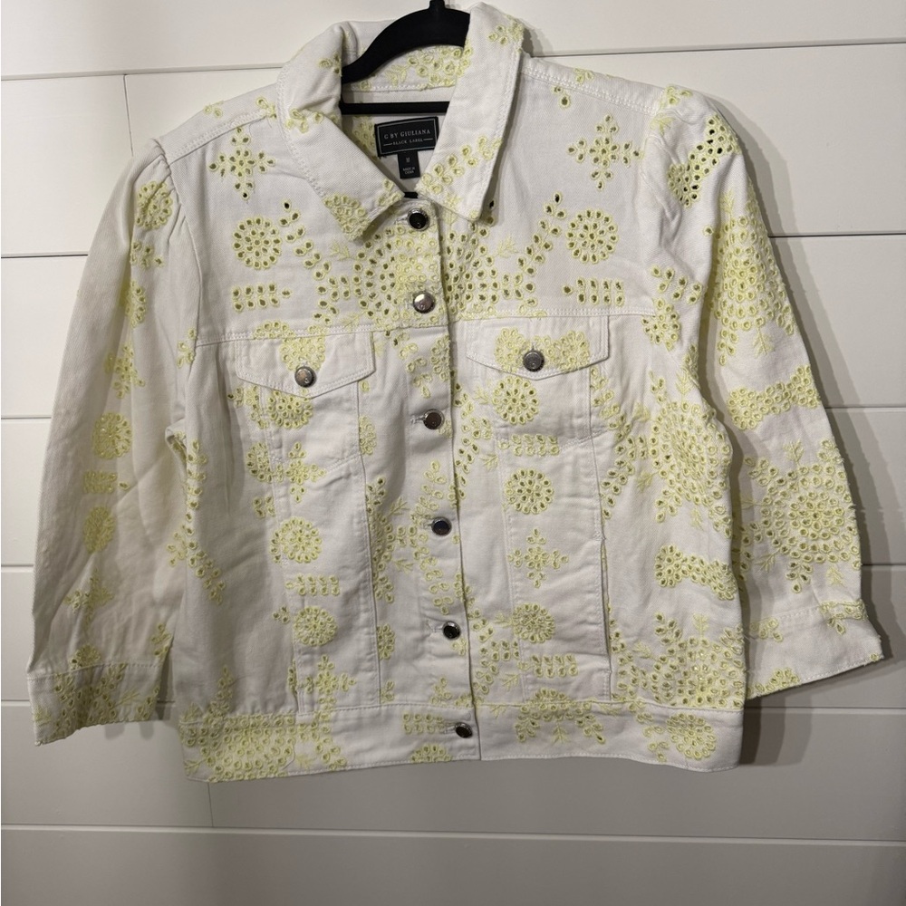 G by Giuliana White and Yellow Jean Jacket with Retro Floral Print